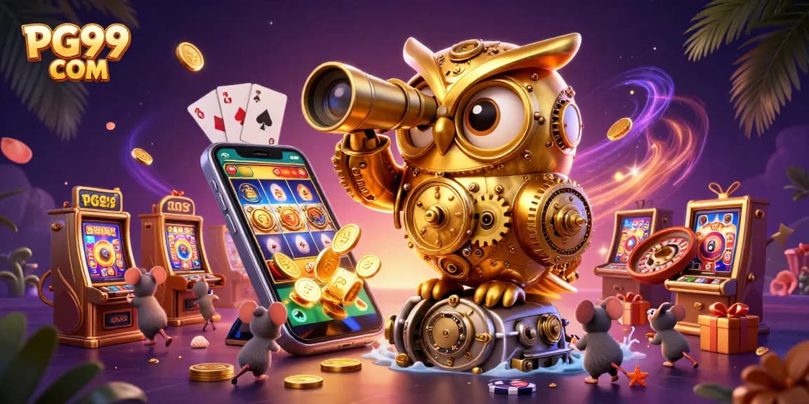 Experience thrilling gameplay at PG99 COM with a clockwork owl amidst vibrant casino elements