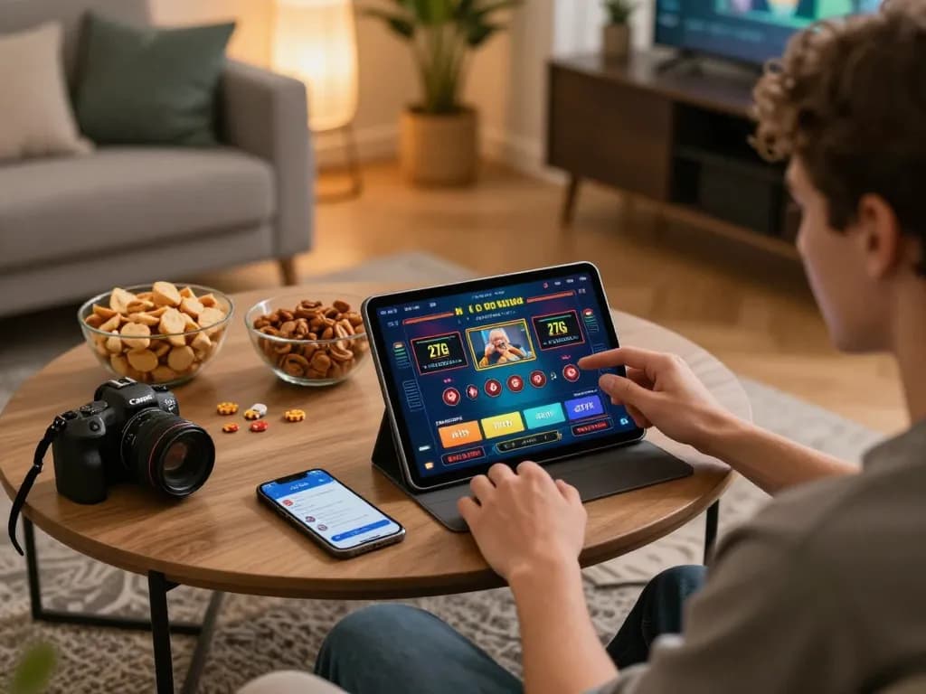 Enjoying 27G live dealer games on a tablet in a cozy home setting, highlighting an engaging and strategic online gaming experience.