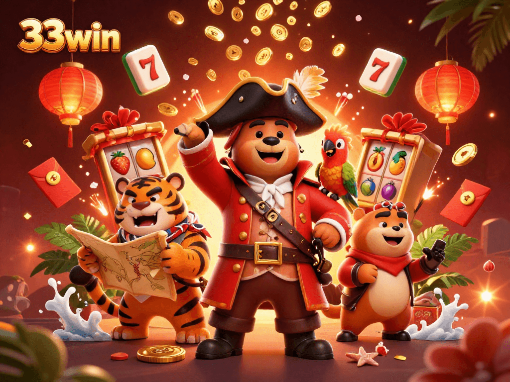 Experience the excitement of 33win with a vibrant casino adventure featuring a pirate captain bear and friends.