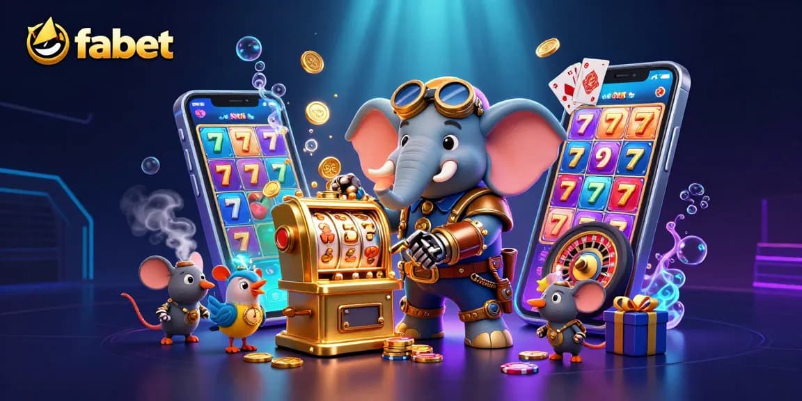 Spin slot reels with fabet's steampunk elephant engineer amidst bright gaming elements.