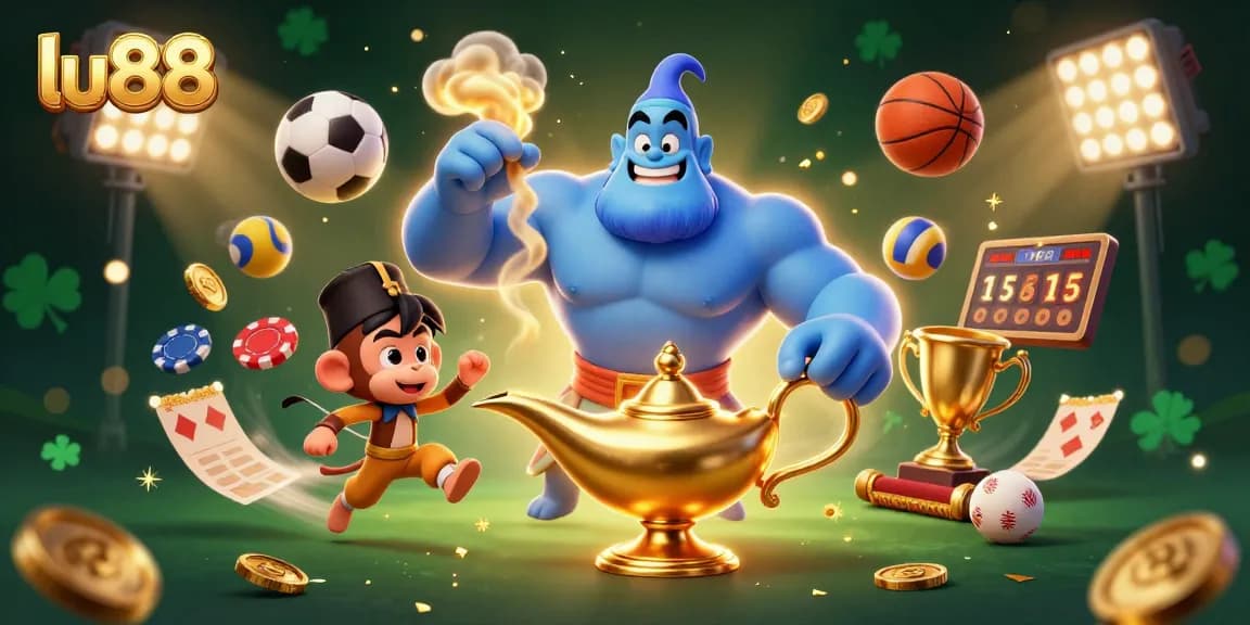 lu88 brings excitement with a dynamic scene featuring a blue genie, playful monkey, and vibrant sports elements.