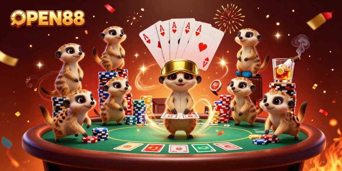 OPEN88 introduces a lively meerkat casino scene showcasing excitement and card games.