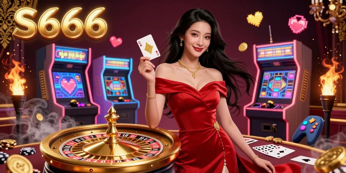S666 offers a glamorous casino experience with a beautiful woman holding a playing card by a golden roulette wheel.