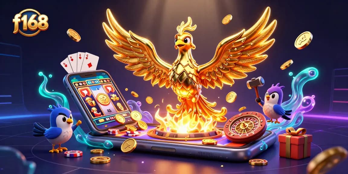 Experience thrilling gameplay with f168's vibrant slot games showcasing a golden phoenix and immersive casino elements.