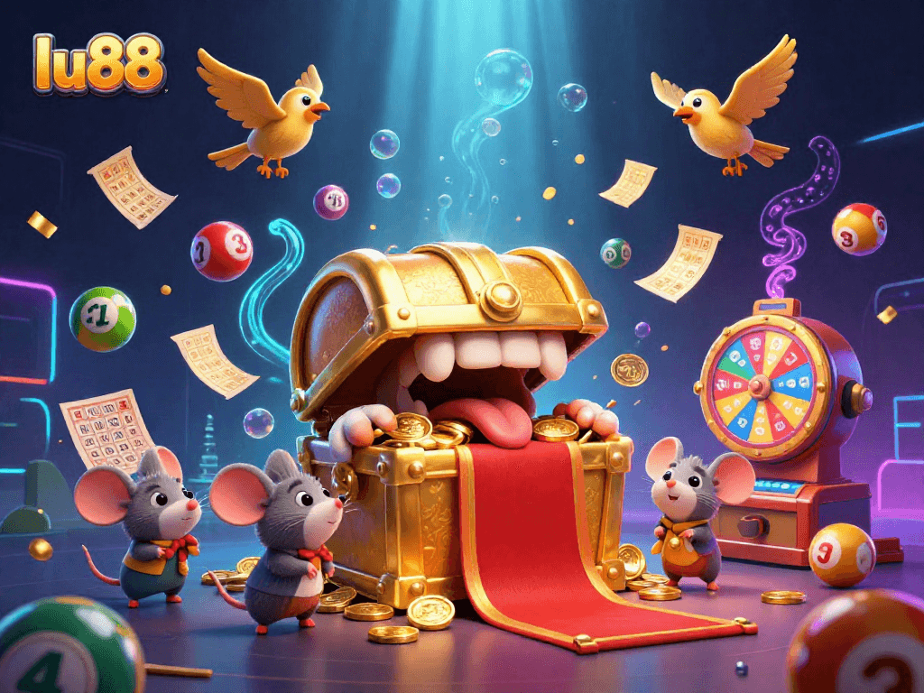 Experience the thrill of win with lu88 in this vibrant 3D casino illustration.