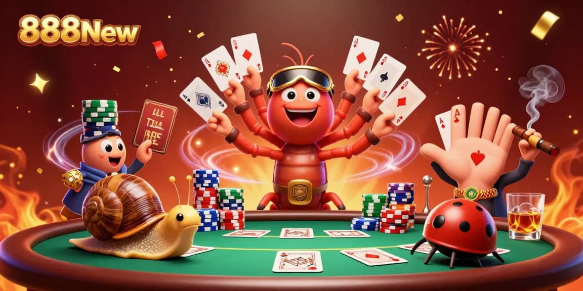 Experience the thrill of gambling at 888New with an exciting 3D casino scene featuring a dynamic dealer and colorful poker elements.