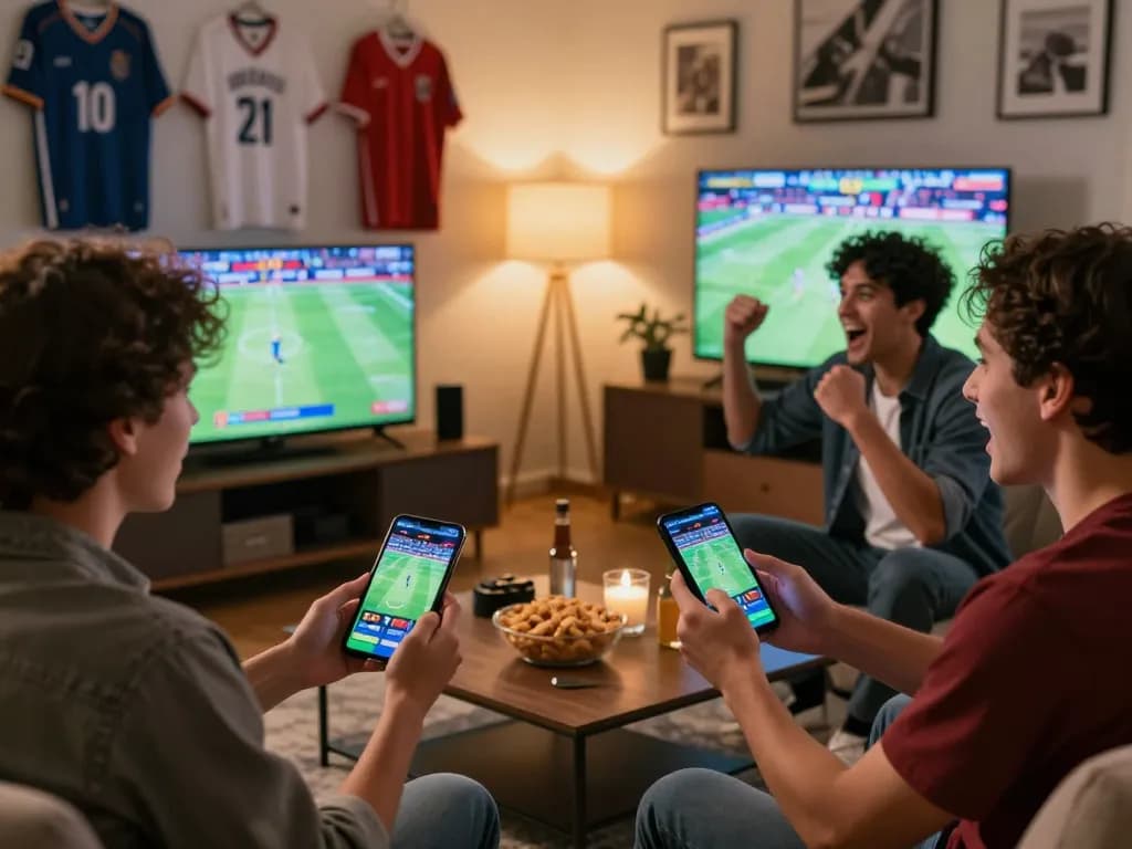 Friends celebrate while using the trang cá cược bóng đá app during an exciting sports betting night.