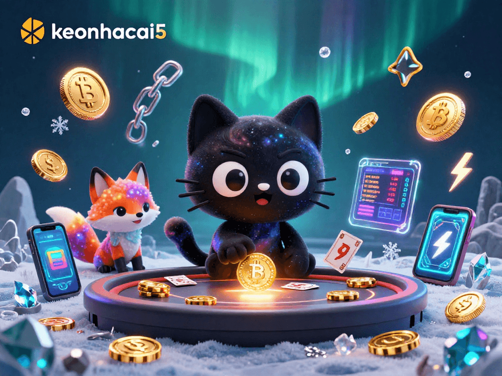 Engage with cryptocurrency thrills at keonhacai5's cosmic casino scene featuring dynamic characters.