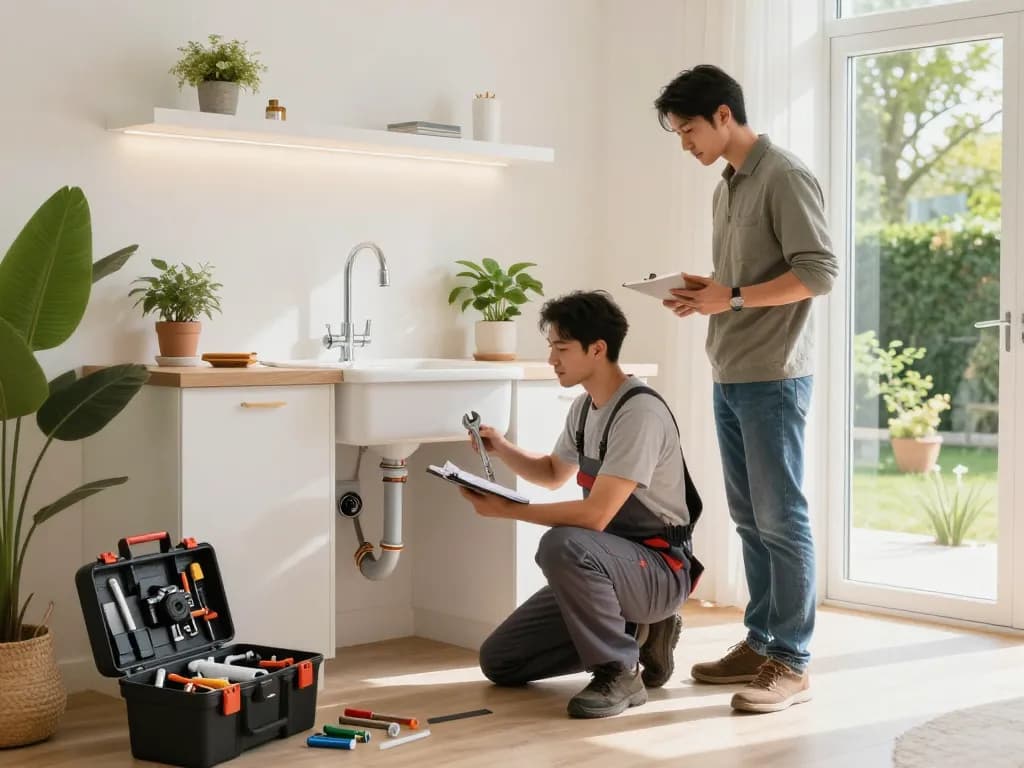 Professional plumber inspecting pipes during home renovation with homeowner, showcasing Encanador services in modern living room.