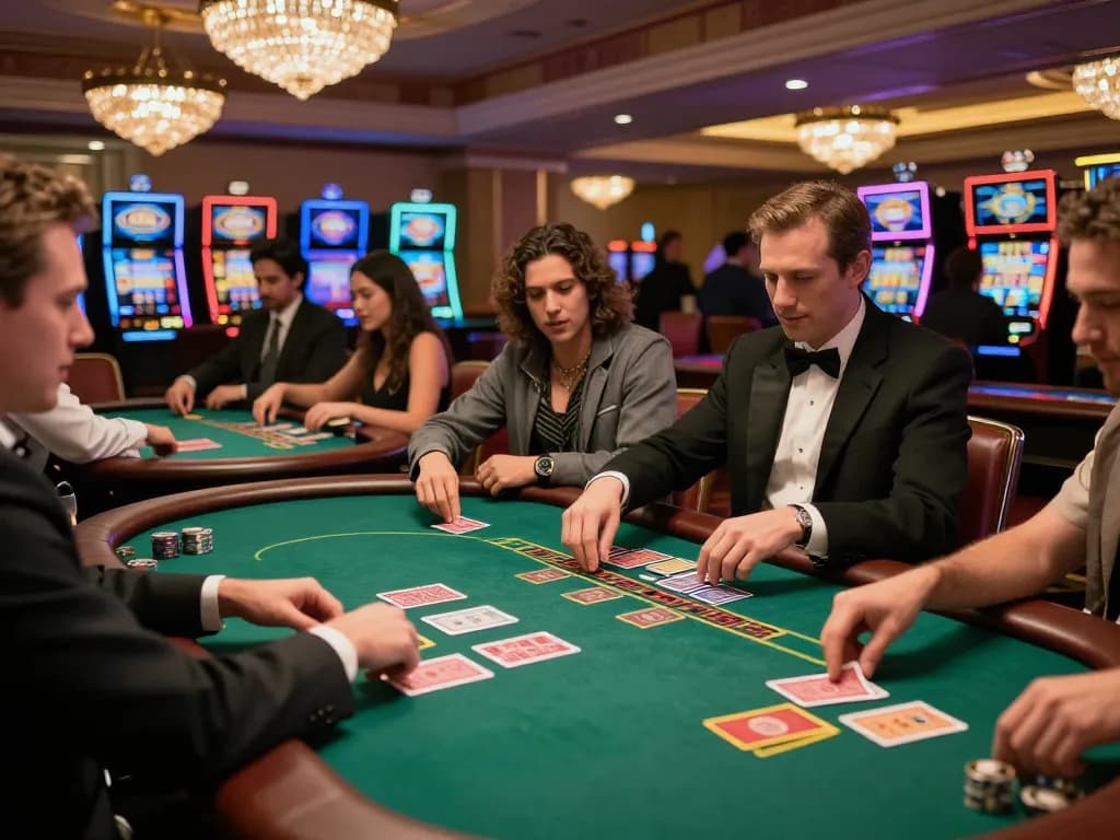 Engaged players in a game bài đổi thưởng at a premium blackjack table in a luxurious casino ambiance