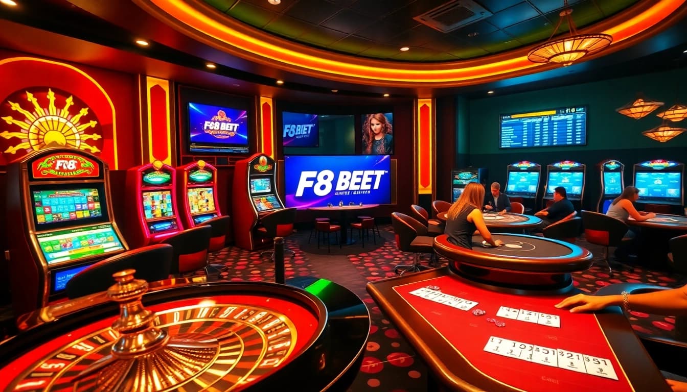 Experience high-stakes F8 BET gaming with vibrant roulette wheels and engaging poker tables.