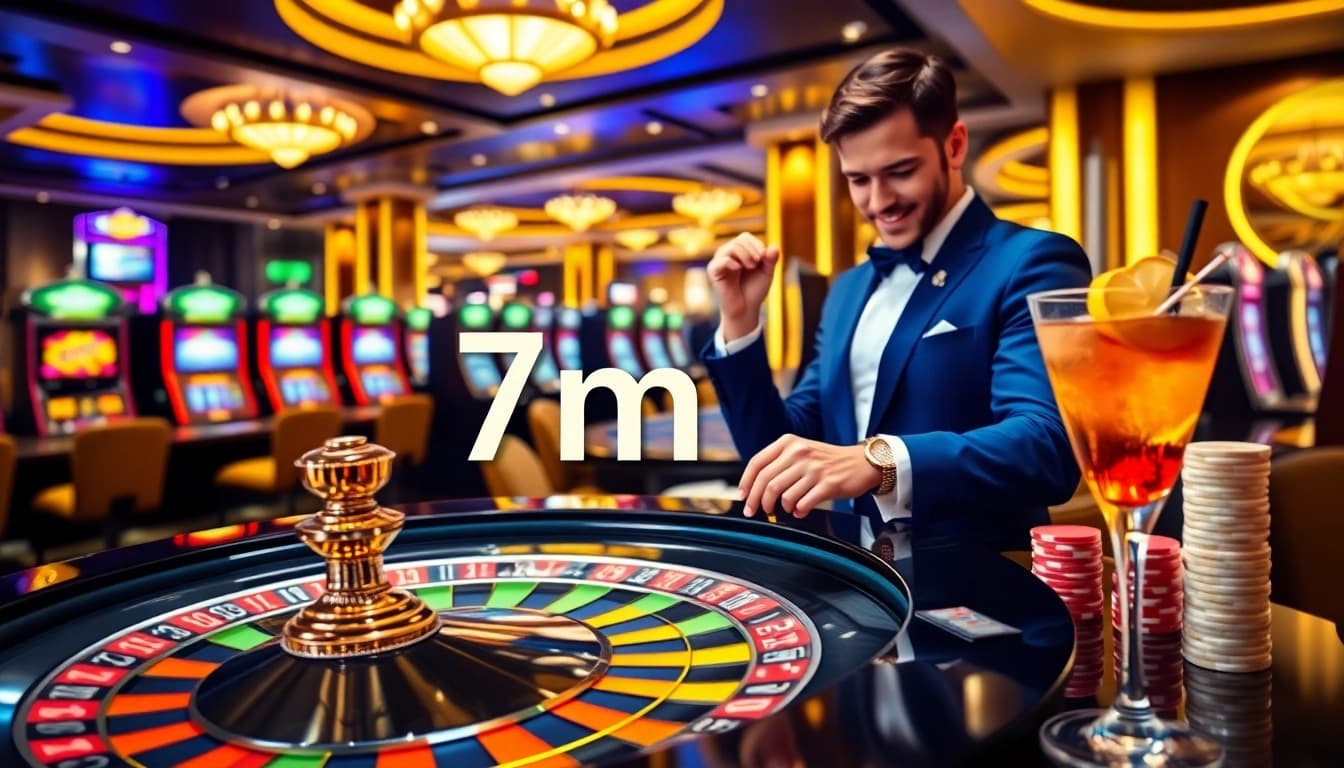 Engaging scene of casino excitement with roulette wheel and chips, featuring 7m elements.