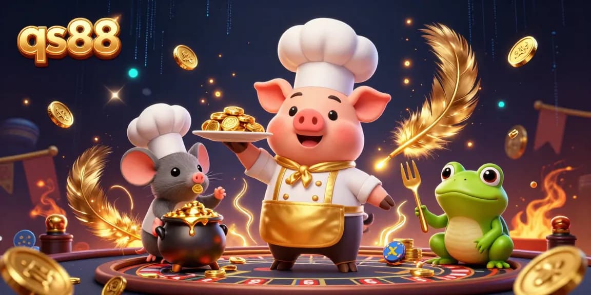Experience thrilling wins at qs88's live casino, featuring a chef pig serving gold in a vibrant gaming scene.