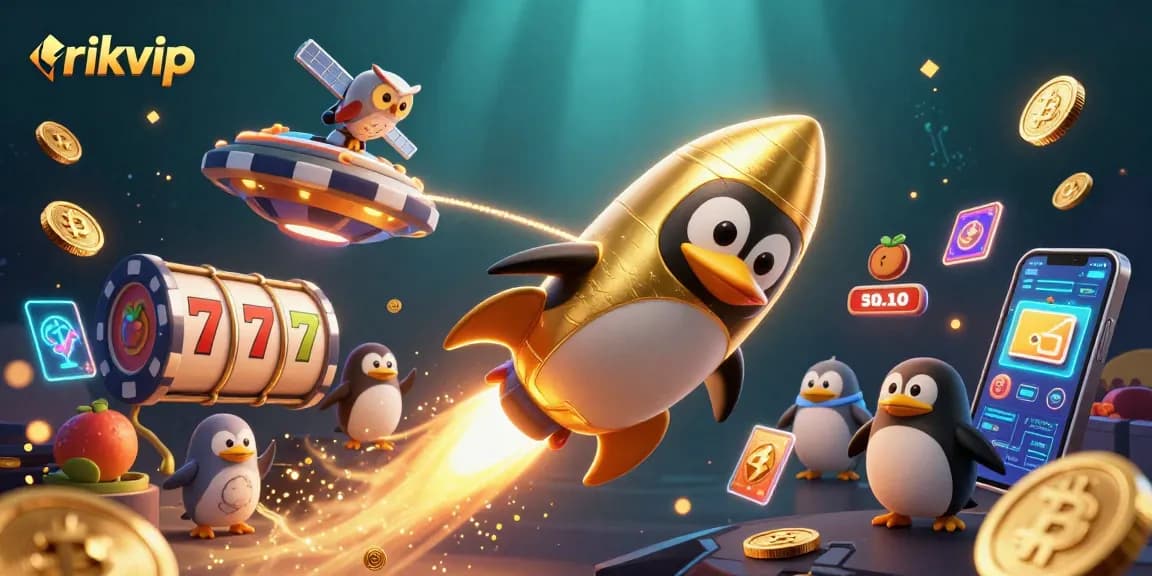 Experience the thrilling world of rikvip with a golden penguin soaring through a cosmic casino adventure.