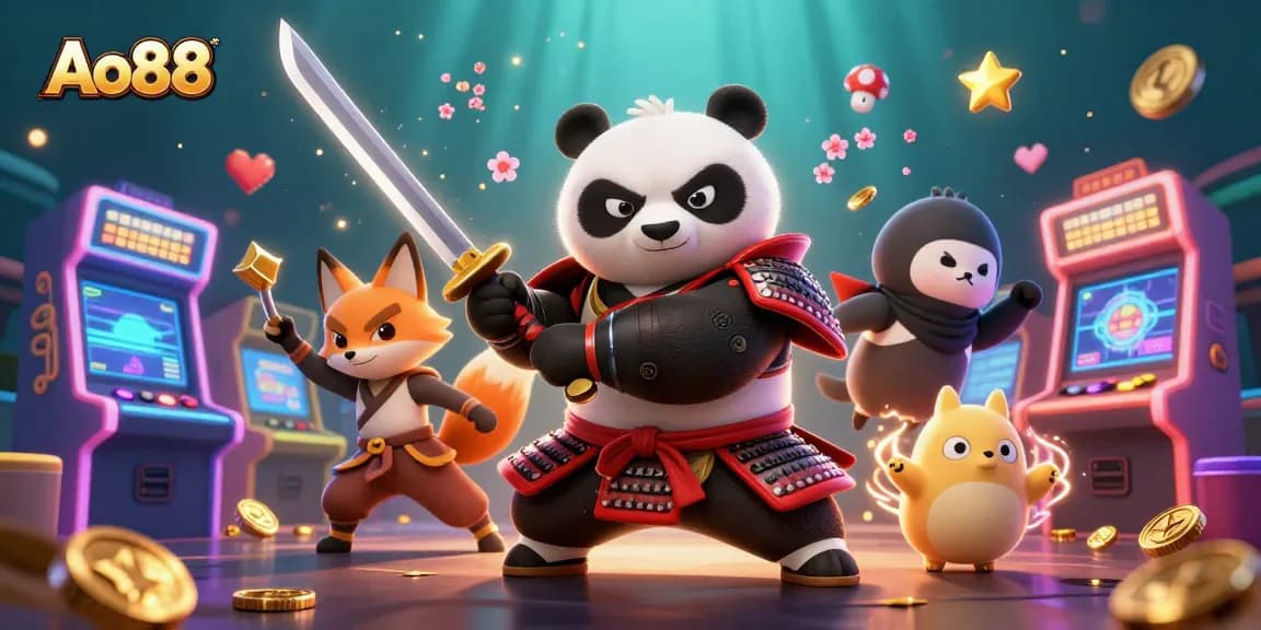 Join Ao88 for colorful gaming fun with samurai panda, ninja fox, and spirit tanuki in action.