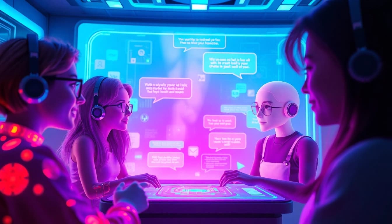 Engaging scene of users chatting with customizable crushon AI personas in a vibrant digital interface.