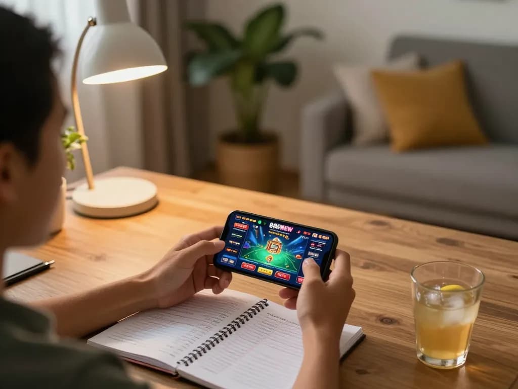 Engaging with the 888NEW casino app on a smartphone in a cozy home setting.