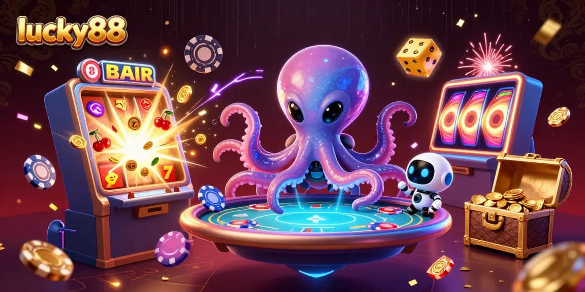 Experience thrilling gameplay at lucky88 with a vibrant alien octopus at a poker table, jackpot excitement!