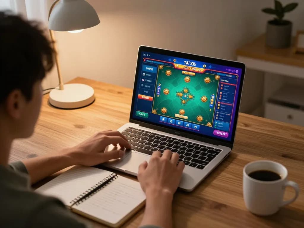 Engaging with Tài Xỉu mobile app during an online gaming session at home.