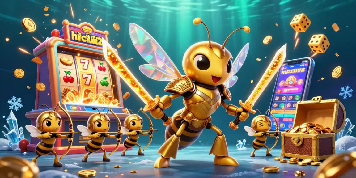 Engage with the vibrant world of hitclub52 as a golden hornet samurai leads a jackpot explosion in this colorful casino illustration.