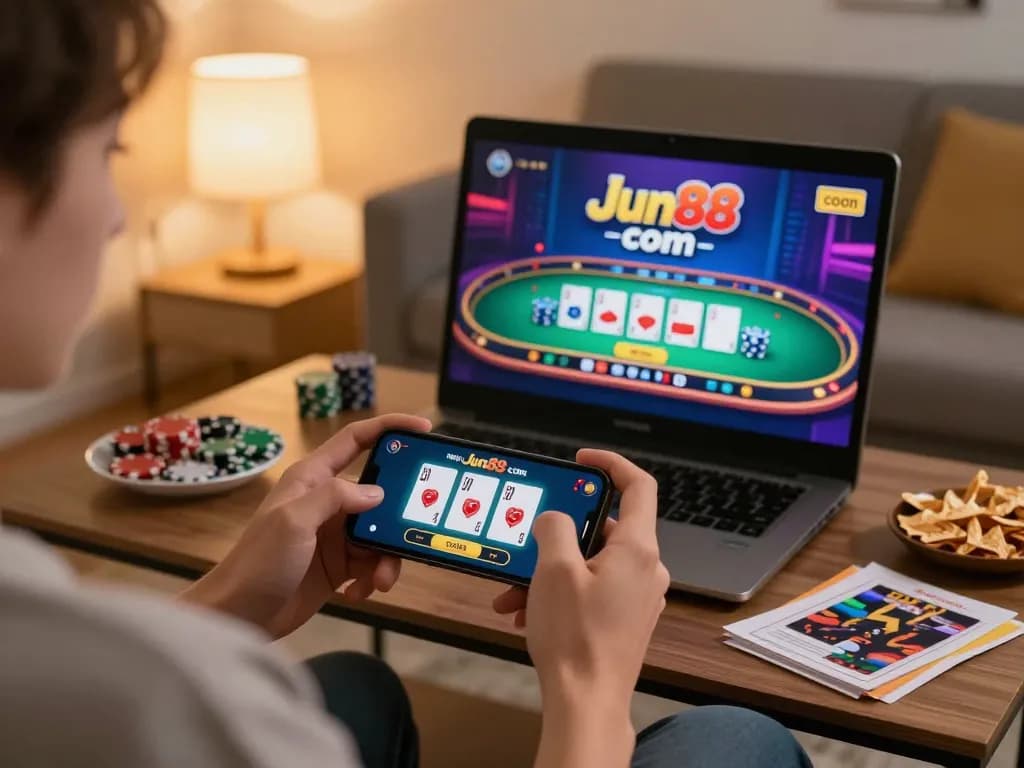 Engaging mobile gaming experience at Jun88 com with live dealer action and cozy home setup.
