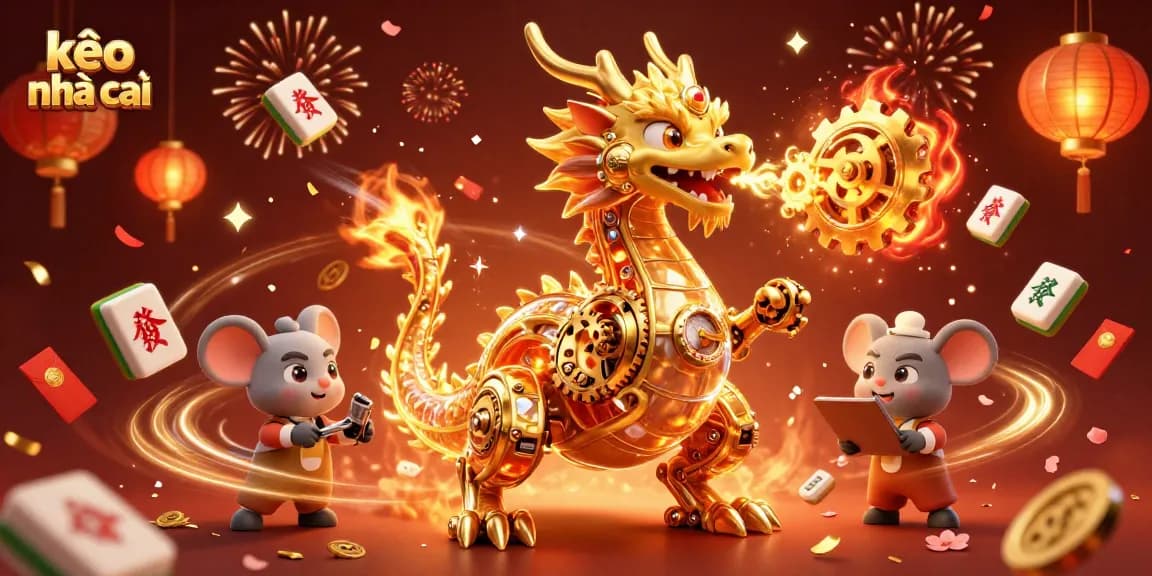 Bet on kèo nhà cái as a golden dragon breathes gears in a vibrant celebration scene.