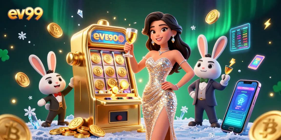 Experience winning at ev99 with golden jackpots and crypto elements in a vibrant casino scene.