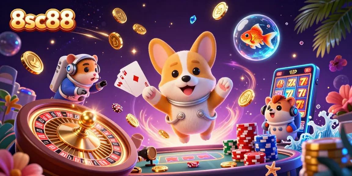 Experience the excitement of 8sc88 as cartoon characters enjoy a casino in zero gravity, surrounded by coins and chips.