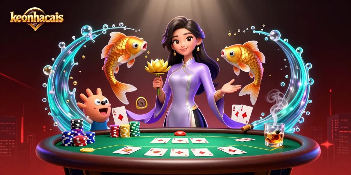 Engage with keonhacais and explore vibrant poker action featuring an elegant Asian woman, koi fish, and rich game elements.
