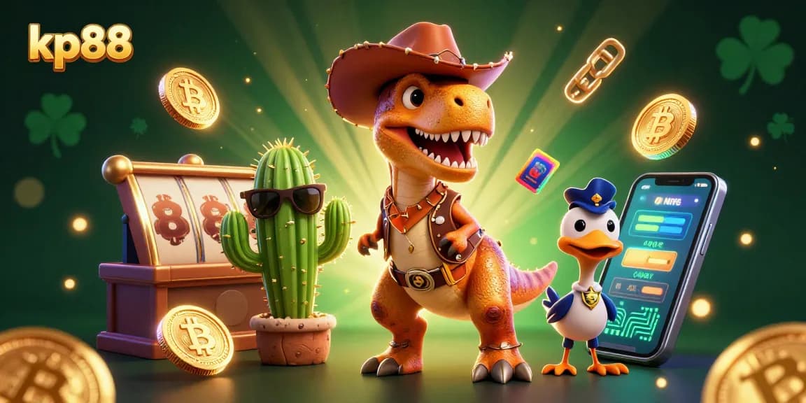 Experience the excitement of kp88 with vibrant casino characters amidst Bitcoin and Ethereum coins.