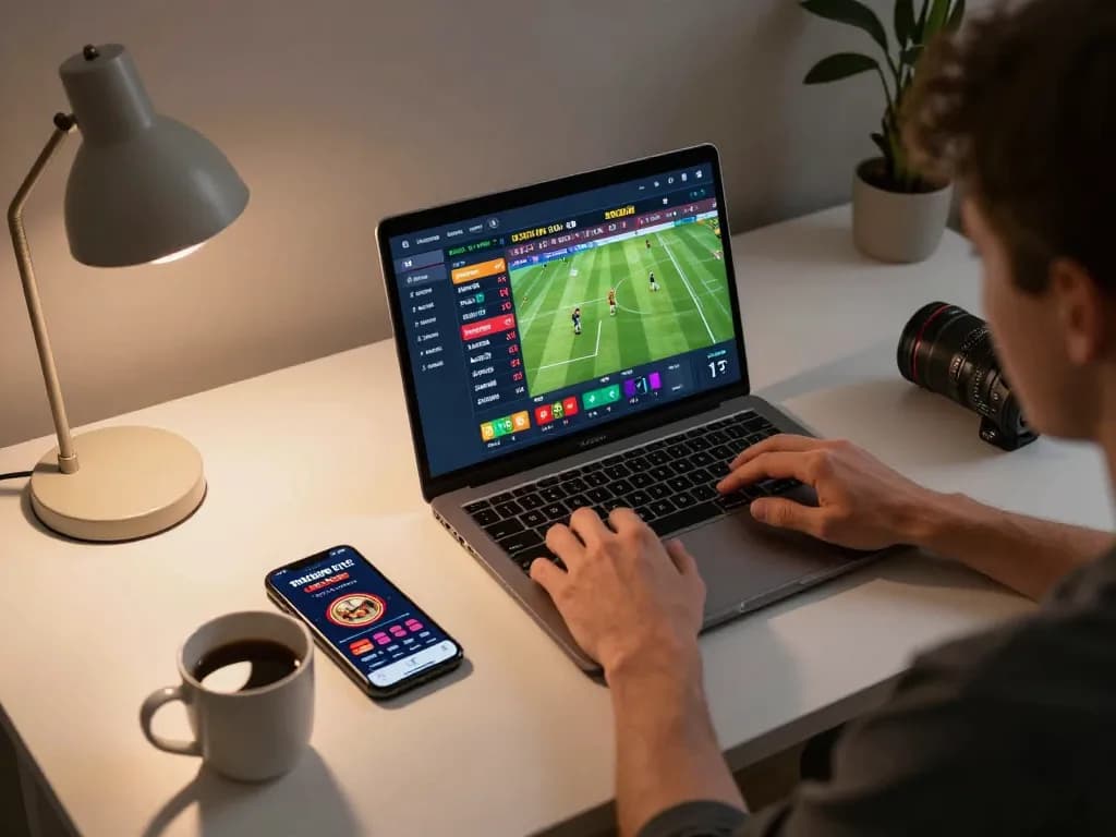 Engaging in sports betting on link kp88 with a laptop and smartphone display showcasing live odds.