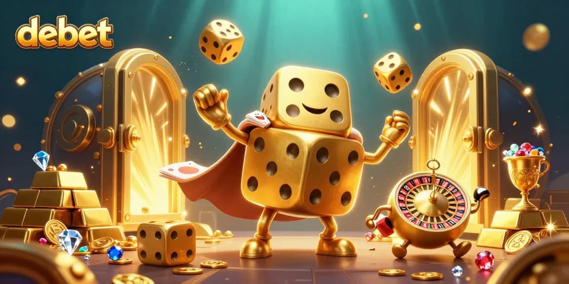 Engage with debet through dynamic golden dice and casino treasures in vibrant 3D illustration