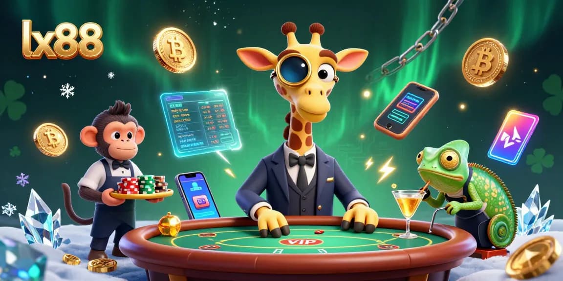 Play big on lx88 with vibrant casino characters and crypto elements in a packed 3D illustration.