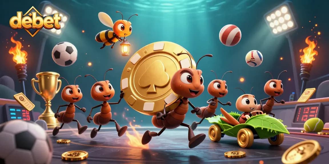 Watch debet's cartoon ants steal a massive poker chip in a vibrant casino scene filled with sports elements.