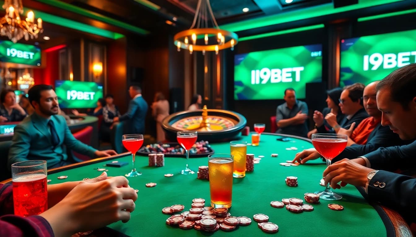 I9BET players engage in thrilling poker action at a luxurious casino table