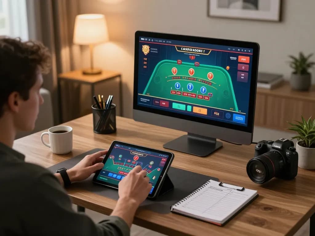 Player engaging in a live dealer game of blackjack on the 22ff platform in a stylish home office.