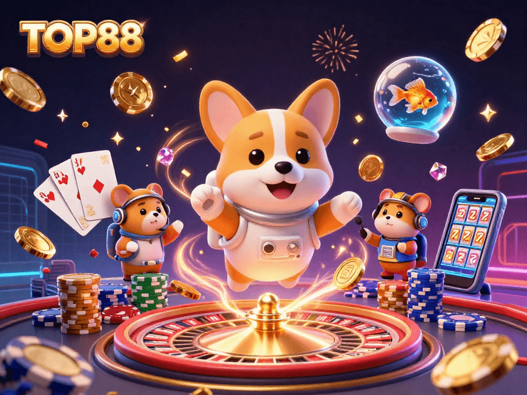 Engage in fun gaming with TOP88 in a vibrant casino scene featuring an astronaut corgi and a mission-control hamster.