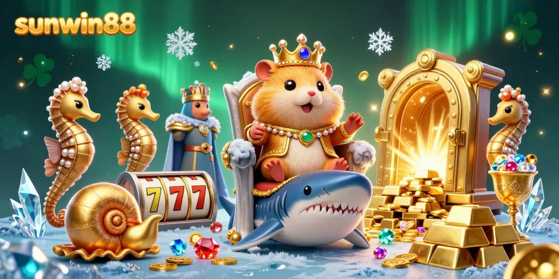 Spin the reels at sunwin88 with a vibrant casino scene featuring a golden hamster king and treasure.