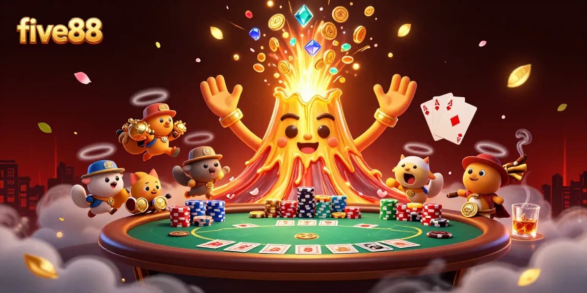Engage with the golden volcano of five88 erupting treasures, surrounded by poker elements and dynamic casino visuals.