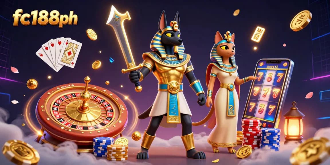 Experience thrilling gaming with fc188ph, featuring Anubis and Bastet amidst a vibrant casino scene.