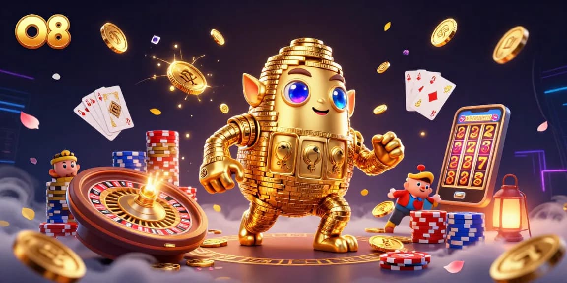 O8 enhances gameplay excitement with a dazzling 3D casino illustration of a golden golem and game elements.
