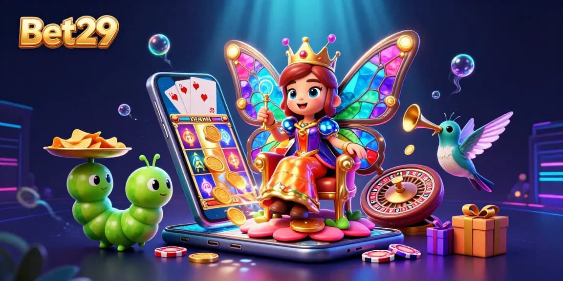 Bet29 slogan with butterfly queen in an exciting gaming scene displaying slot games and golden prizes.