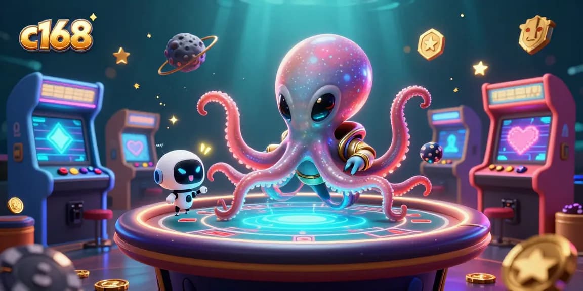 C168 rolls the dice for ultimate gaming fun as an octopus and robot play at a vibrant casino table.