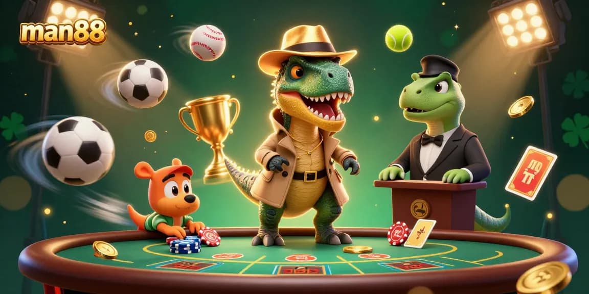 man88 showcases a lively casino scenario with a velociraptor card counter, a suspicious pit boss, and a sneaky compy at play.