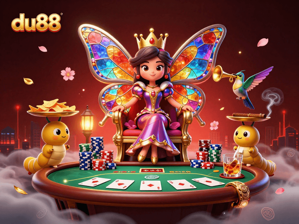 Experience high-stakes poker with du88 in a vibrant casino scene featuring a butterfly queen and poker elements.