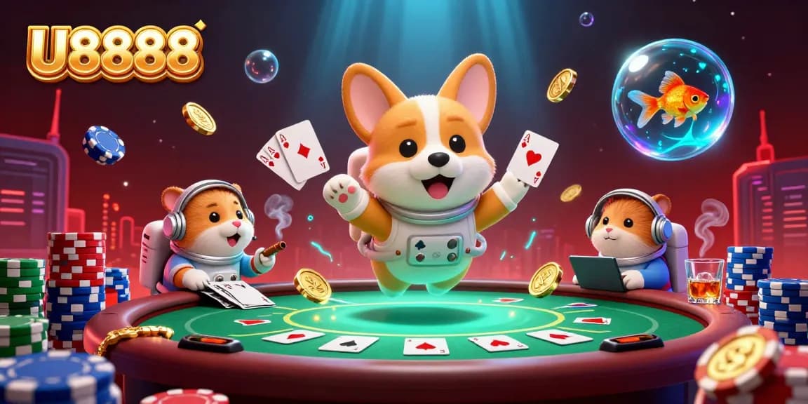 Players engage with U8888's thrilling online casino, enjoying poker amidst vibrant space elements.