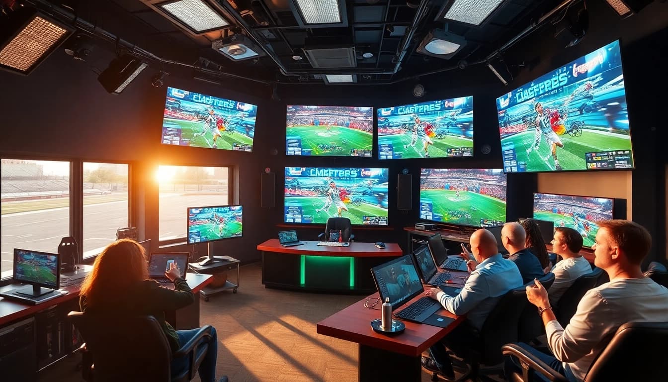 Dynamic sports broadcasting studio featuring high-tech equipment and hosts engaging viewers.