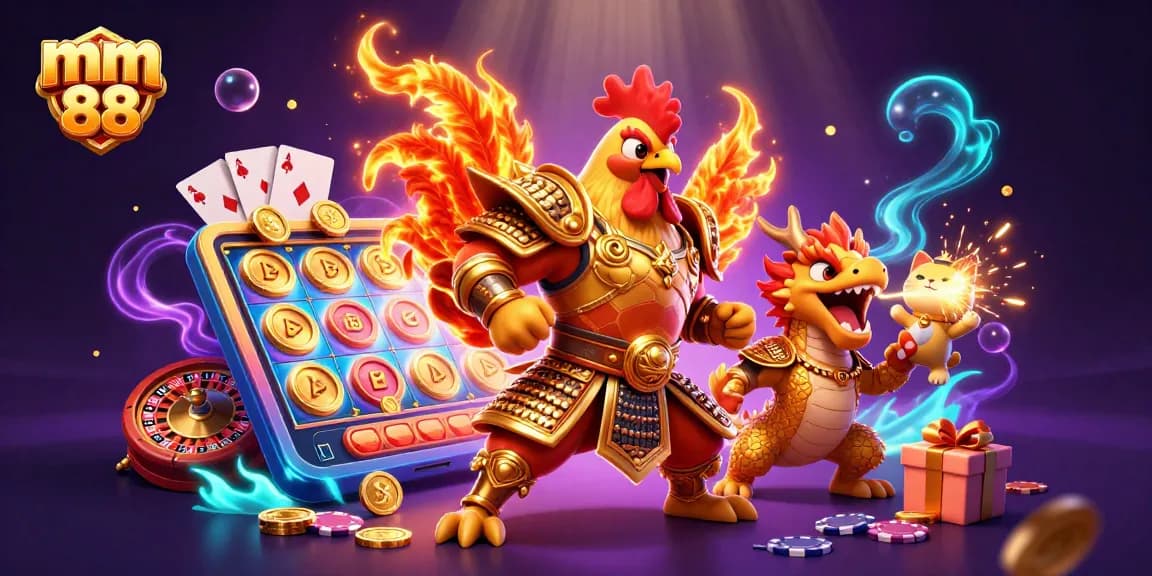 Bet on mm 88 with lively fighting roosters and exciting gaming elements in this vibrant illustration.