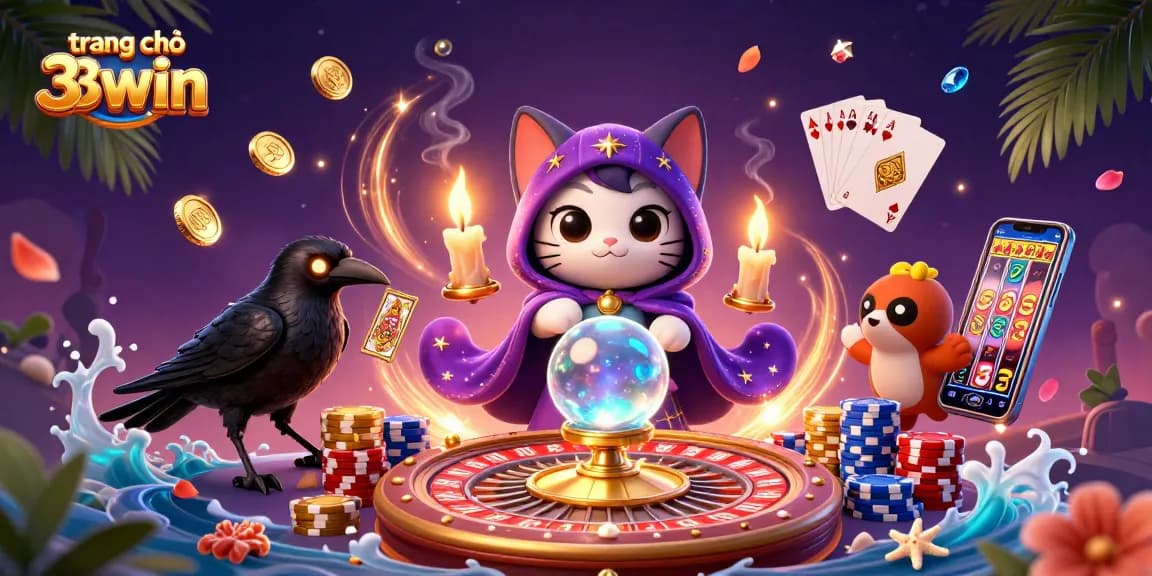 Experience the vibrant gaming world of trang chủ 33win featuring a fortune teller cat and spinning roulette.