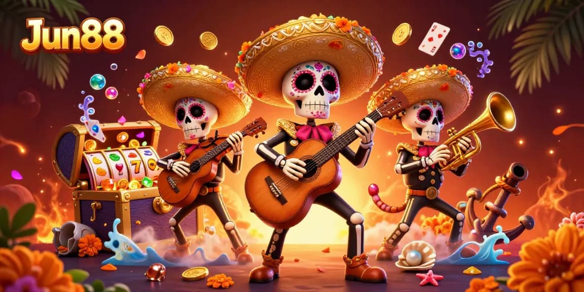 Win big at Jun88 with an exciting 3D illustration of a mariachi band amid dynamic casino elements.
